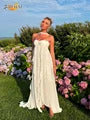 Elegant Cut Out White Long Dress For Women Fashion Patchwork Pleated Backless Sling Dresses Lady summer New Holiday Beach Robes