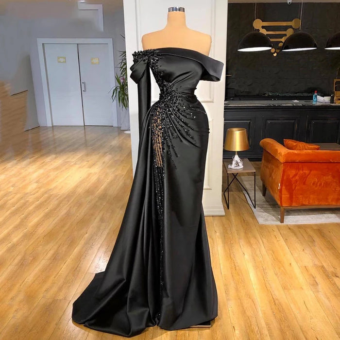 Lily Off-shoulder Black Pageant Party Gown Luxury Pearls Evening Dress Formal Mermaid Sexy Prom Dresses robe de bal Customized