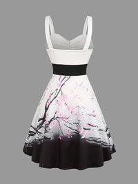 Women Mini Dresses Sweetheart Neck Plum Blossom Print Ruched Bust Tank Belt Summer Dress Elegant Sleeveless Dress Vestidos