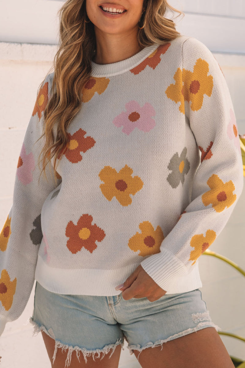 Pink Sweet Flower Knitted Ribbed Hem Sweater