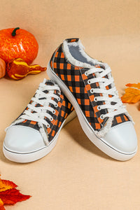 Orange Plaid Frayed Trim Lace-up Shoes