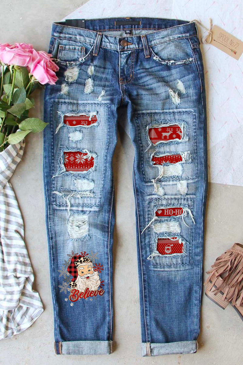 Sky Blue Santa Claus Pattern Splicing Distressed Boyfriend Jeans