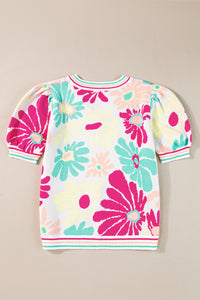 Multicolour Floral Print V Neck Short Sleeve Sweater