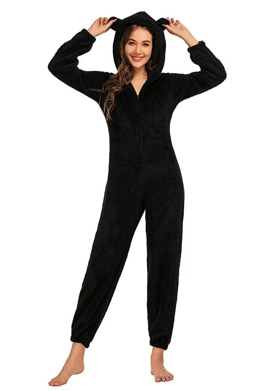 Women's Winter Warm Pyjamas Girls Onesies Fluffy Fleece Jumpsuits Nightwear Overall Hooded Sets Pajamas for Female Plus Size