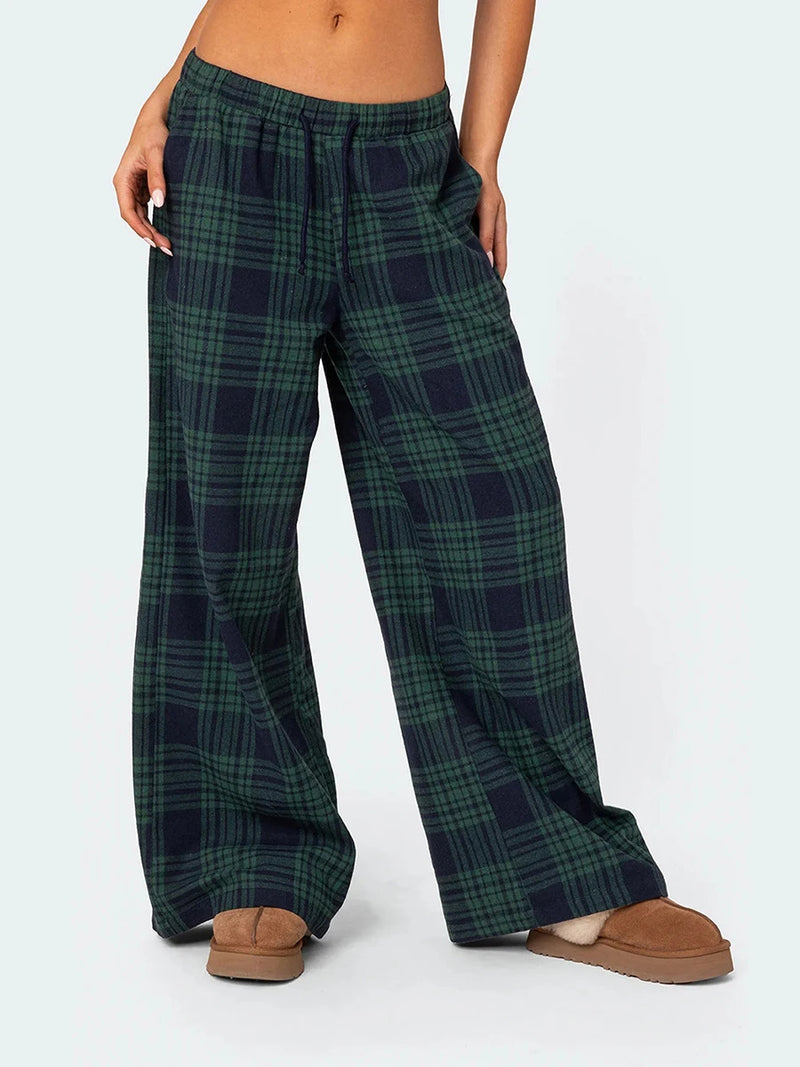 Women Y2k Oversize Pants Lounge Bottoms Fashion Plaid Casual Pants Elastic High Waist Casual Pockets Pajama Pants Homewear