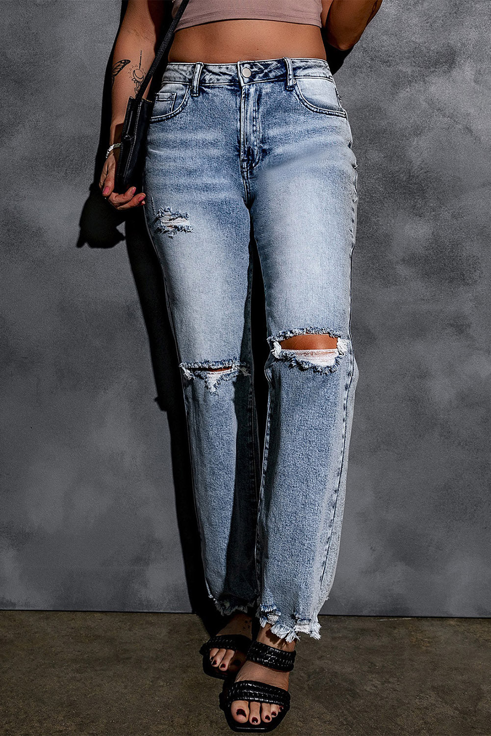 Sky Blue Washed Ripped Wide Leg High Waist Jeans