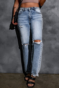 Sky Blue Washed Ripped Wide Leg High Waist Jeans