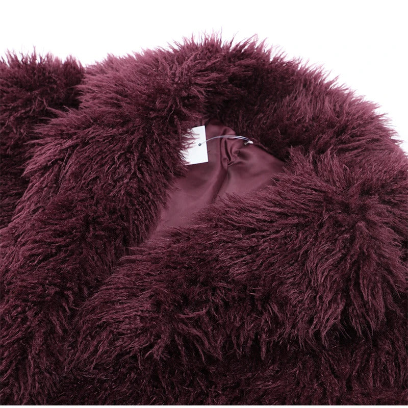 Wine Red Fluffy Faux Fur Short Coat Women Elegant Full Sleeve Warm Lapel Jacket New Winter Woman Commuter Outerwear 2024