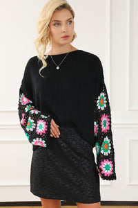 Black Floral Crochet Bell Sleeve Loose Sweater