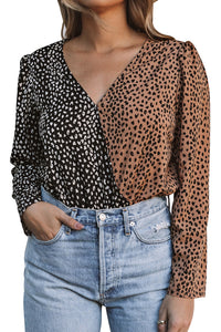 Spliced Leopard Print Wrap Long Sleeve Bodysuit