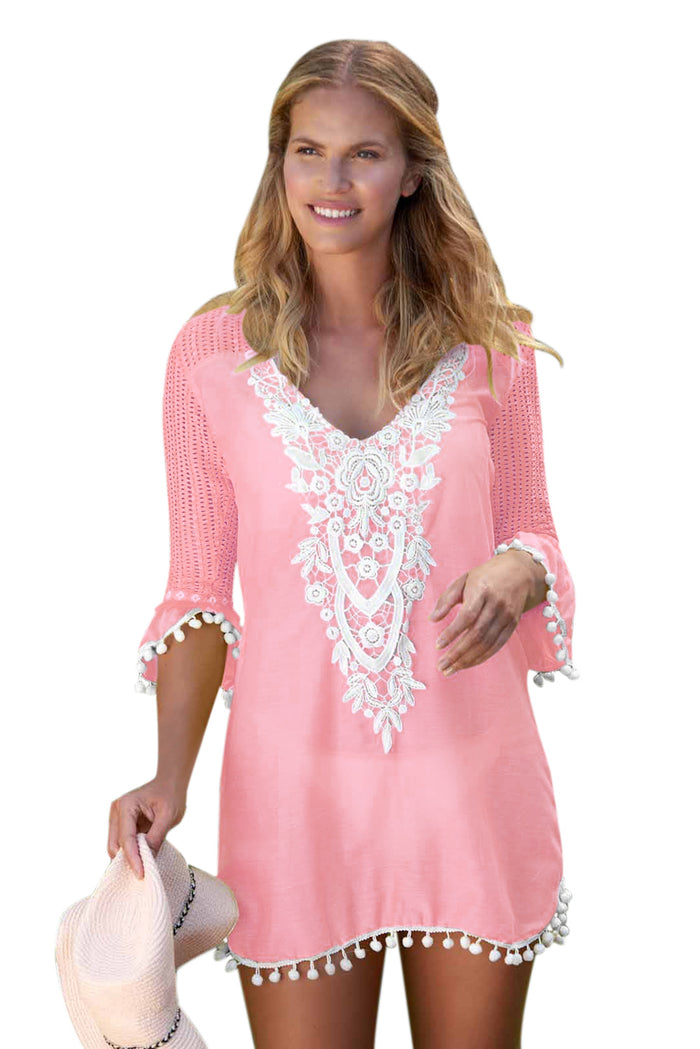 Pink Crochet Pom Pom Trim Beach Tunic Cover up