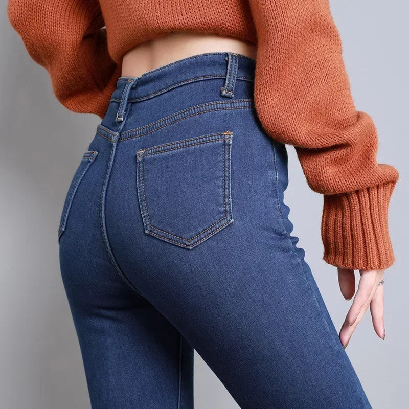 Women Thermal Skinny Jeans Mom Winter Warm Plush Stretch Jeans Lady Fleece Snow Denim Pants Student Pencil Straight Leg Trousers