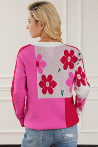 Rose Red Floral Mixed Color Block Sweater