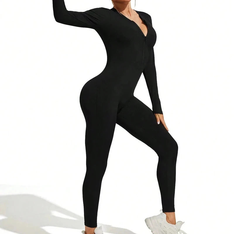 Fall new hot sale sexy bodysuit for women solid color ribbed long sleeve zipper bodycon sporty clothing rompers women's jumpsuit