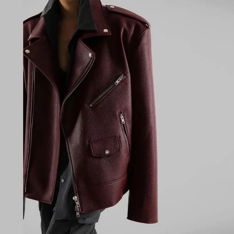 Women Burgundy Leather Double Zipper Motorcycle Jacket Fashion Loose Lapel Long Sleeve Pu Cropped Coats Autumn Female Streetwear