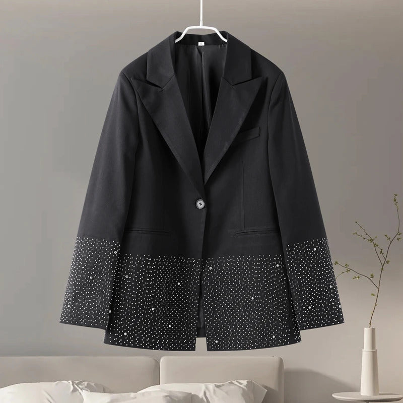 Elegant Rhinestone Jacket Sets Women Shinny Black Lapel Long Sleeve Button Jackets Mini High Waist Shorts Fashion Party Outwear