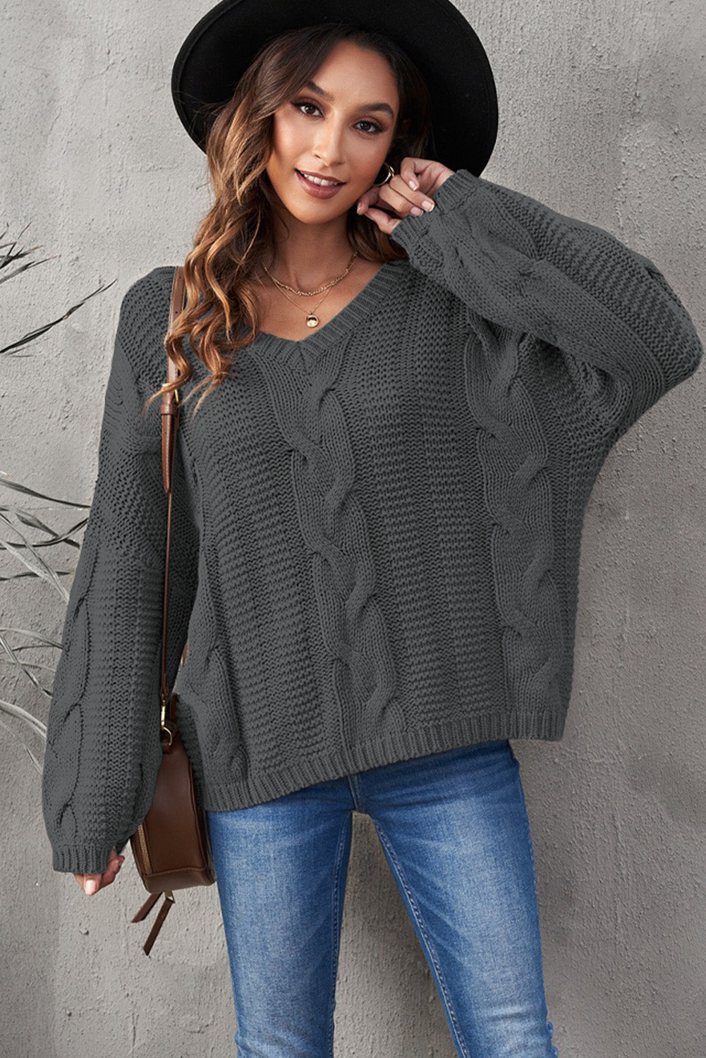 Dark Gray Bubblegum V-Neck Braided Knit Sweater