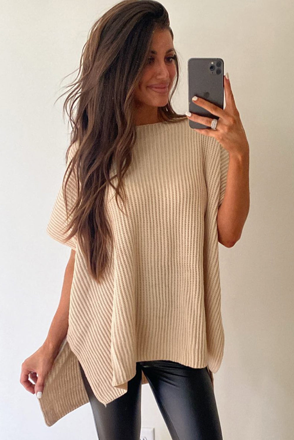 Apricot Short Sleeve Side Slit Oversized Sweater