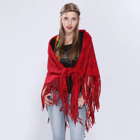 Women's Loose Suede Fringe Open Poncho Cloak Shawl Wrap with Punch Hole Patterns and Graceful Fringes Dropshipping