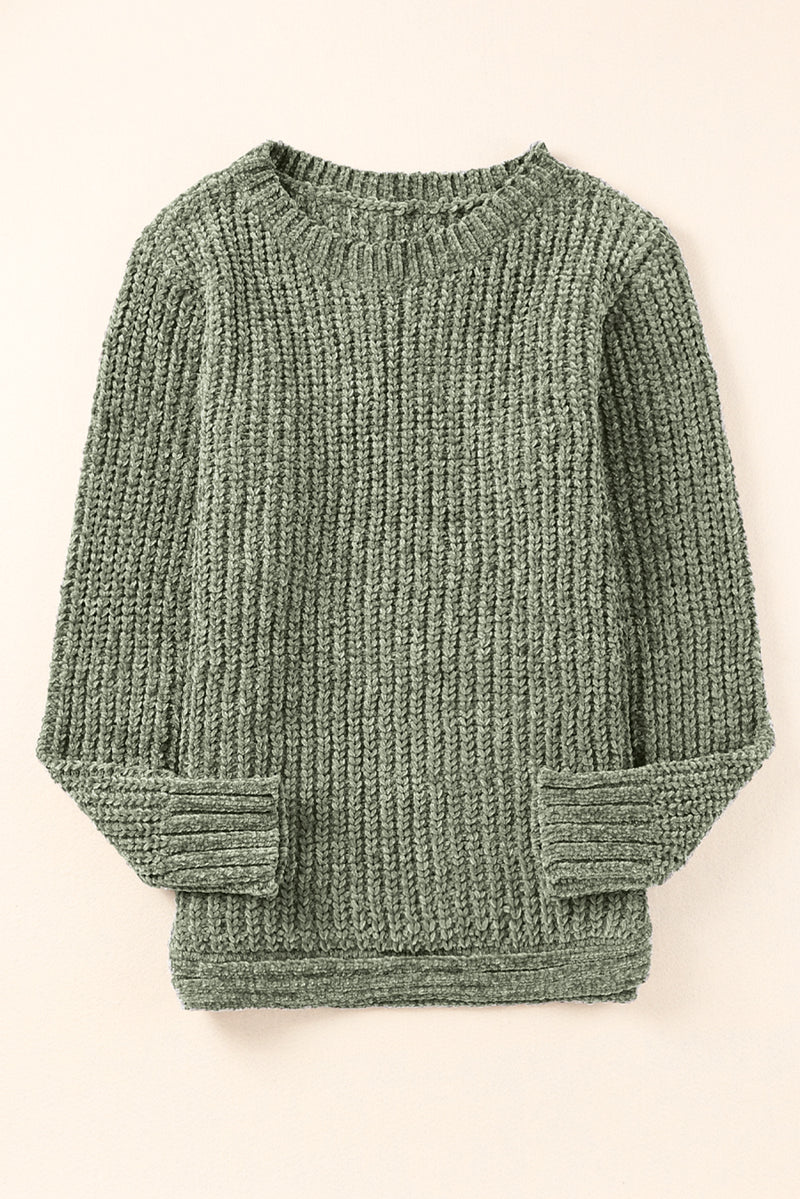 Green Long Sleeve Round Hem Cable Knit Sweater