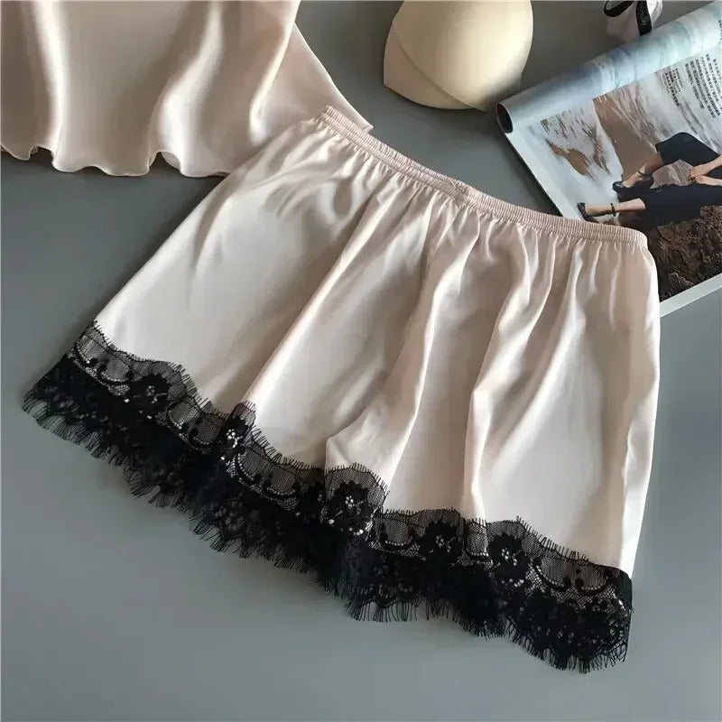 Women Satin European and American Ice Silk Pajama Suit V-Neck Lace Seamless Sexy Lingerie Homewear Pyjamas Shorts Sets Sleepwear