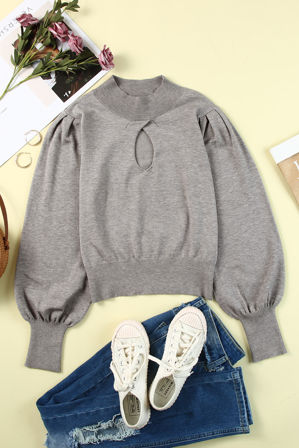 Gray Mock Neck Keyhole Sweater