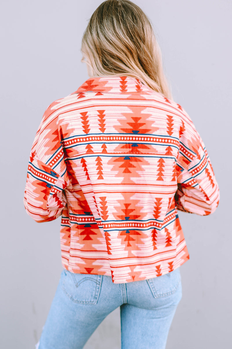 Fiery Red Western Aztec Print Corduroy Jacket