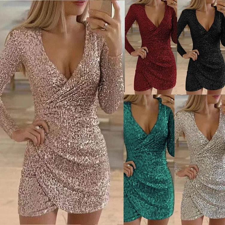 2020 New Autumn Collection V-Neck Mini Dress Sexy Glittering Non-Regular Design High-Fashion European And American Style