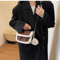 2023 Winter New Women's Plush Small Square Bag Color Contrast Design Single Shoulder Crossbody Bag Brown Handbag