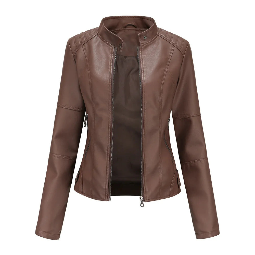 Spring / Autumn New Style Gules Leather Jacket Women's Fashionable Trim Motorcycle Women Coat Black Purple Brown S-4XL