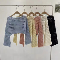 Long Sleeve Crochet Knit Top Summer Beach Bikini Cover Up Crop Pullover Wool Knitwear Blouse Women Vacation Boho Outfit