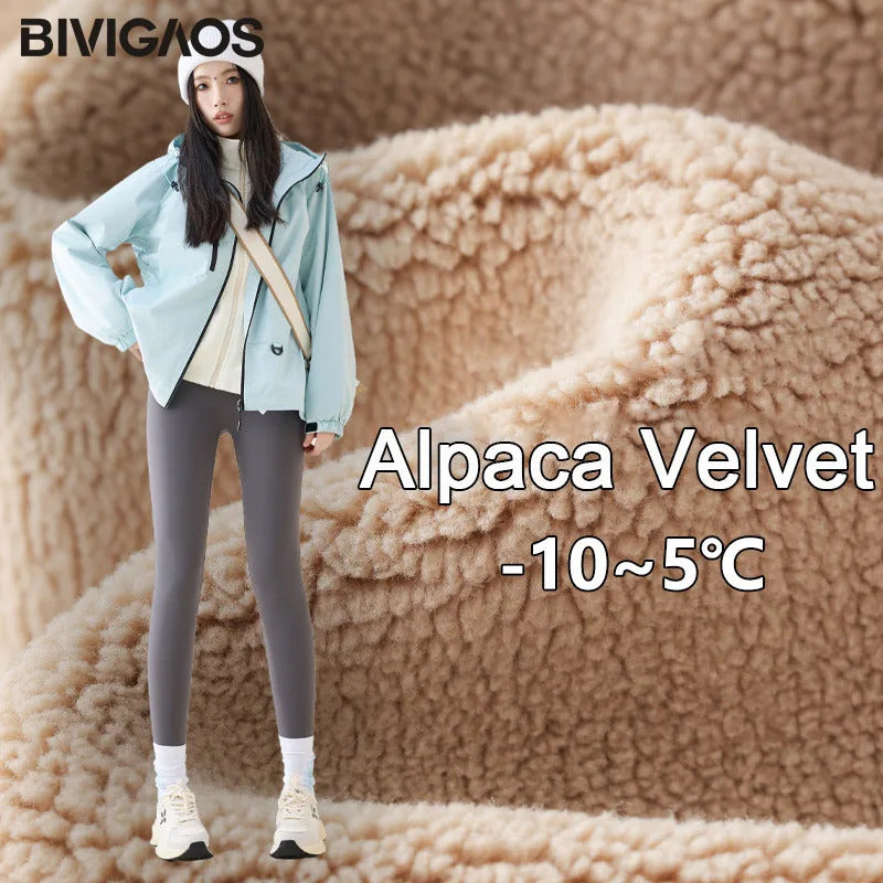 BIVIGAOS Autumn Winter High Waist Fleece Sharkskin Leggings Women Seamless Slim Tight-Fit Velvet Thickened Elastic Warm leggings