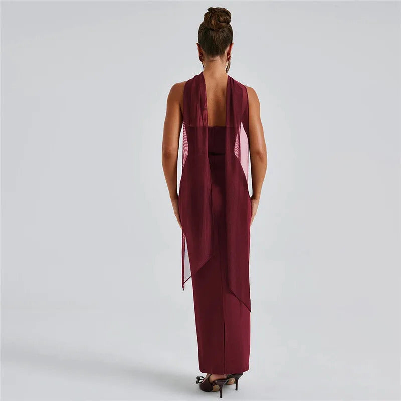 Mozision Strapless Backless Sexy Maxi Dress For Women Burgundy Mesh Sleeve Off-shoulder Bodycon Club Party Evening Long Dress