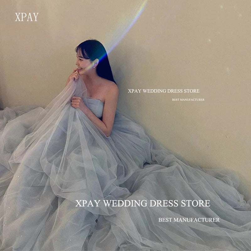 XPAY Simple Dusty Blue Soft Tulle Korea Prom Dresses Customised Strapless Lace Up Evening Gowns Wedding Photo shoot Floor Length