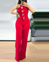 2024 Asymmetrical Bandeau Strapless Jumpsuit Metal Button Decor Casual Overalls