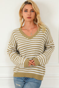 Khaki Chic Striped Knit V Neck Drop Shoulder Sweater