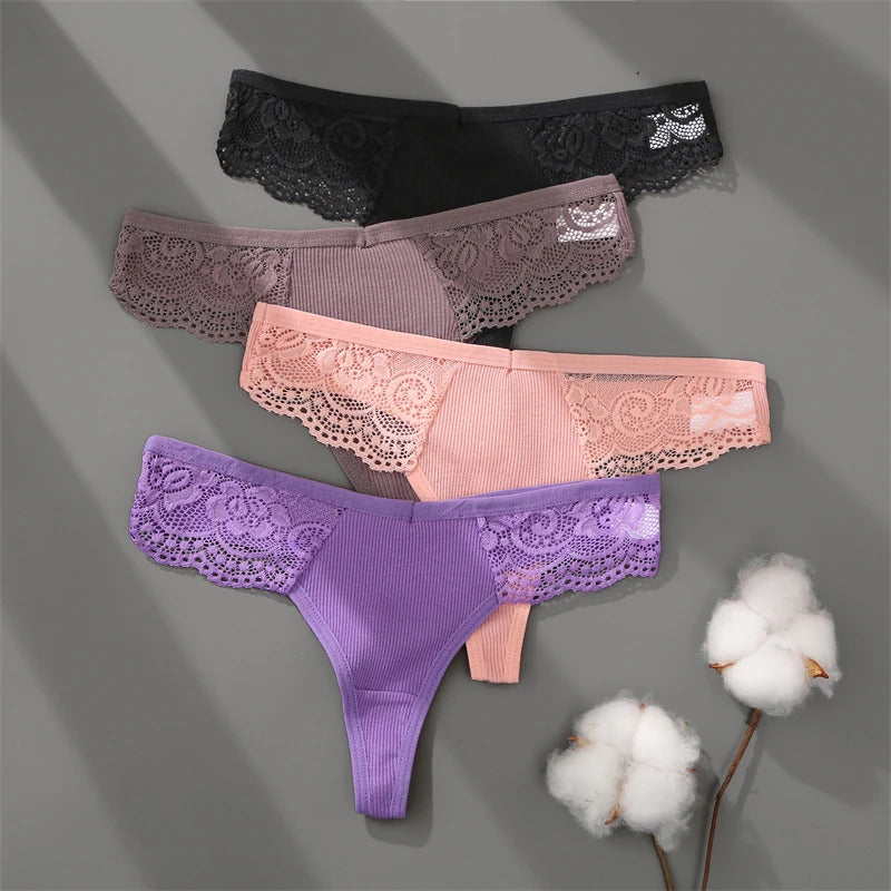 FINETOO 3Pcs Women's Cotton Underwear Lace Thongs Sexy Solid Color Low Waist Bikini Panties Ladies Breathable G-string Lingerie