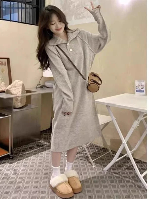 "A · Fashion" Autumn and Winter Knitted dress Polo Collar Loose Mid-Length French sle Dress