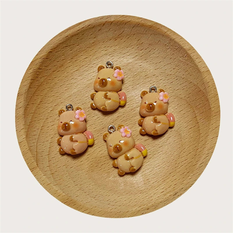 10pcs/Pack Cartoon Kapibala Resin Charms Cute Flower Orange Capybara Pendant DIY For Earring Keychains Jewelry Make