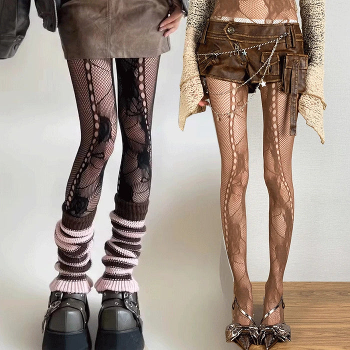 Y2K Floral Jacquard Sexy Stockings Women Gothic Punk Black Fishnet Pantyhose Harajuku Lolita Irregular Rose Holes Mesh Tights