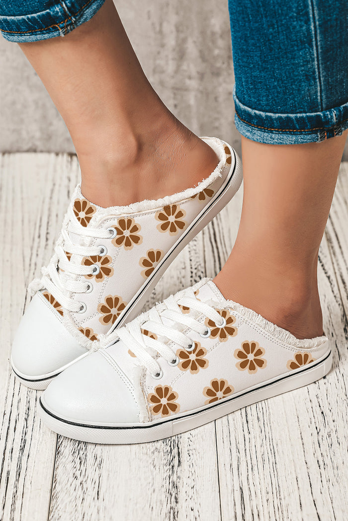 White Flower Print Raw Hem Slip On Canvas Shoes