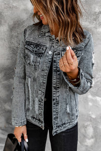 Gray Distressed Buttons Washed Denim Jacket