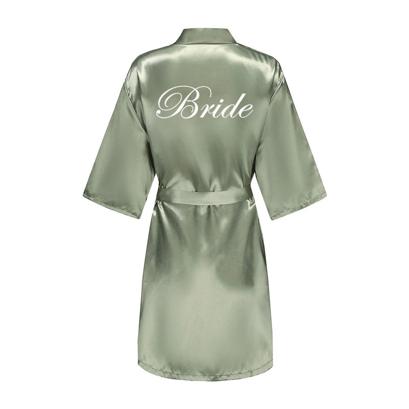 Grass Green Women's White Letter Bride Bridesmaid Short Satin Robes for Wedding Party Getting Ready