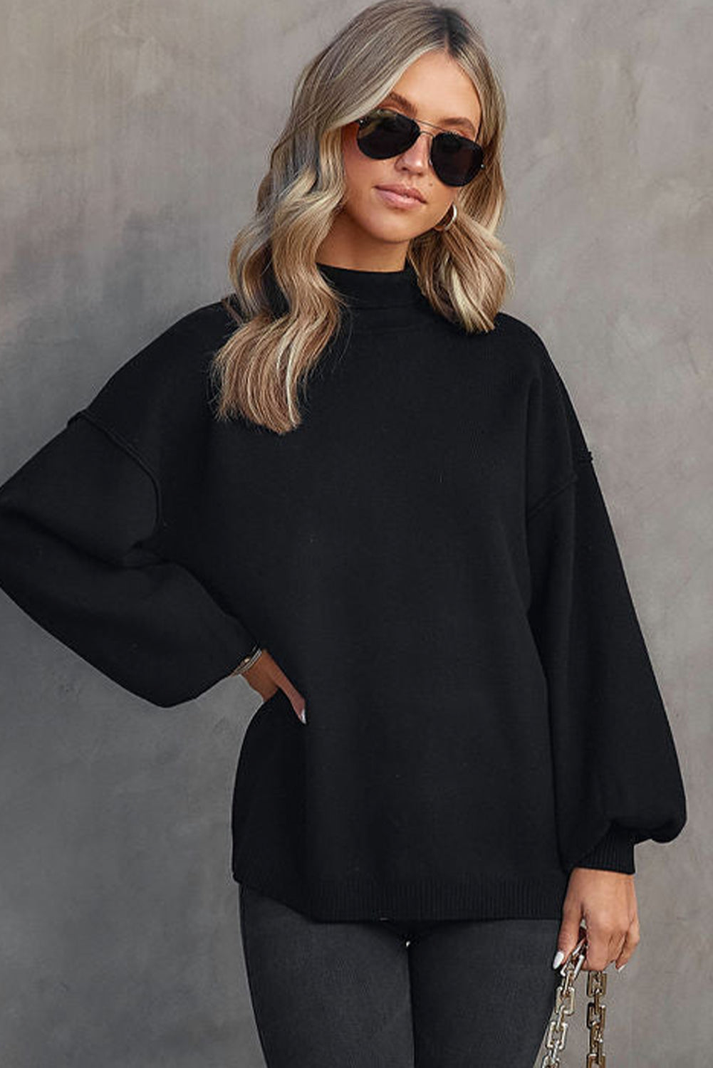 Black Turtleneck Drop Shoulder Bubble Sleeve Knit Sweater