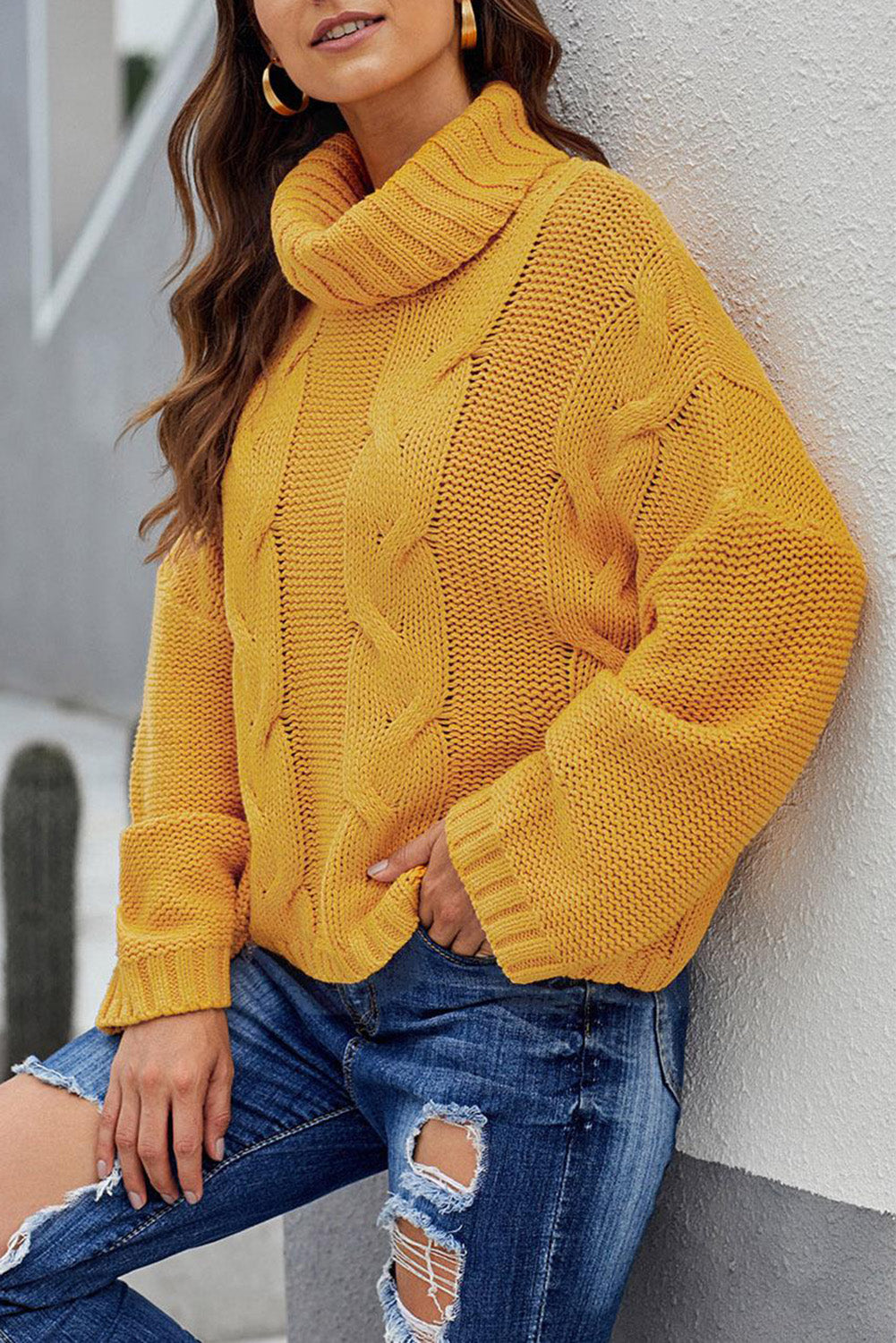 Yellow Cuddle Weather Cable Knit Handmade Turtleneck Sweater