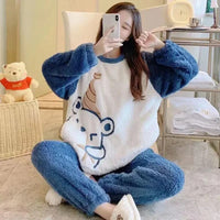 Thickened Warm Flannel Women‘s Sleepwear Coral Velvet Pajamas Winter Cute Cartoon Bear Padded Two Sets Girl Nightwear Loungewear