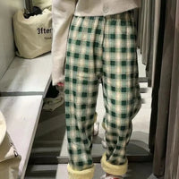 Padded Thickened Wide Leg Pants Winter LambswoolPlaid Pants Female High Waist Casual Straight Pants