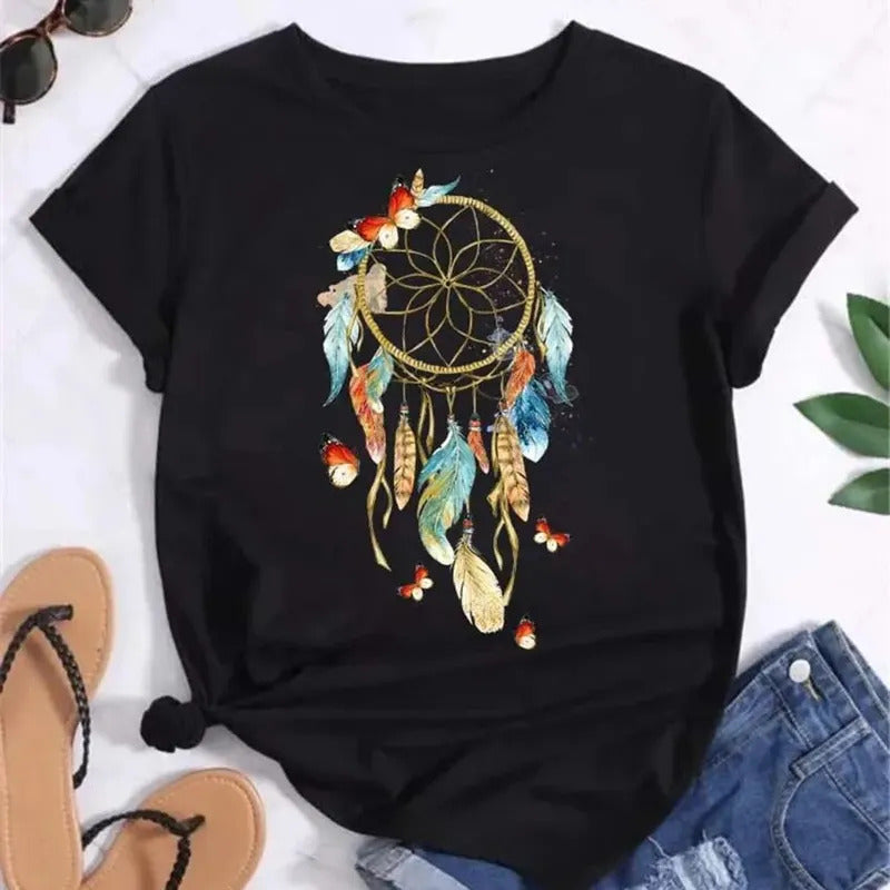 Feather Dreamcatcher Women Fashion T Shirt Harajuku Graphic Tees Shirt Femme Dream Catcher Women's T-shirt Clothes Tops