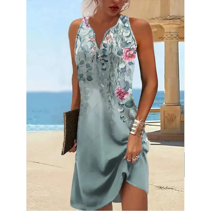 Summer Women's Printed V-Neck Sleeveless Fashion Dress Sexy Flower Mini Dresses Vintage Clothes Vest Ropa Elegant Vestidos 2024