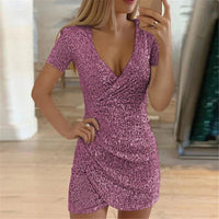 V-Neck Short Sleeve Women Sexy Dress Sparkly Sequin Slim Female Elegant Sexy Dresses Dres Party Night Holiday Streetwear 2024